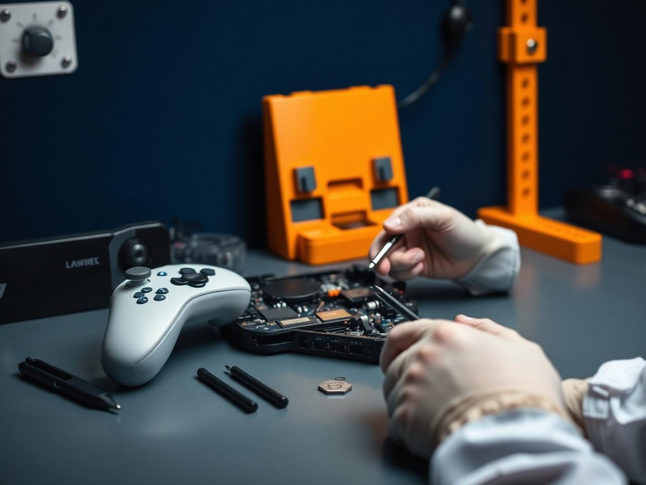Technician repairing a game console on a workbench
